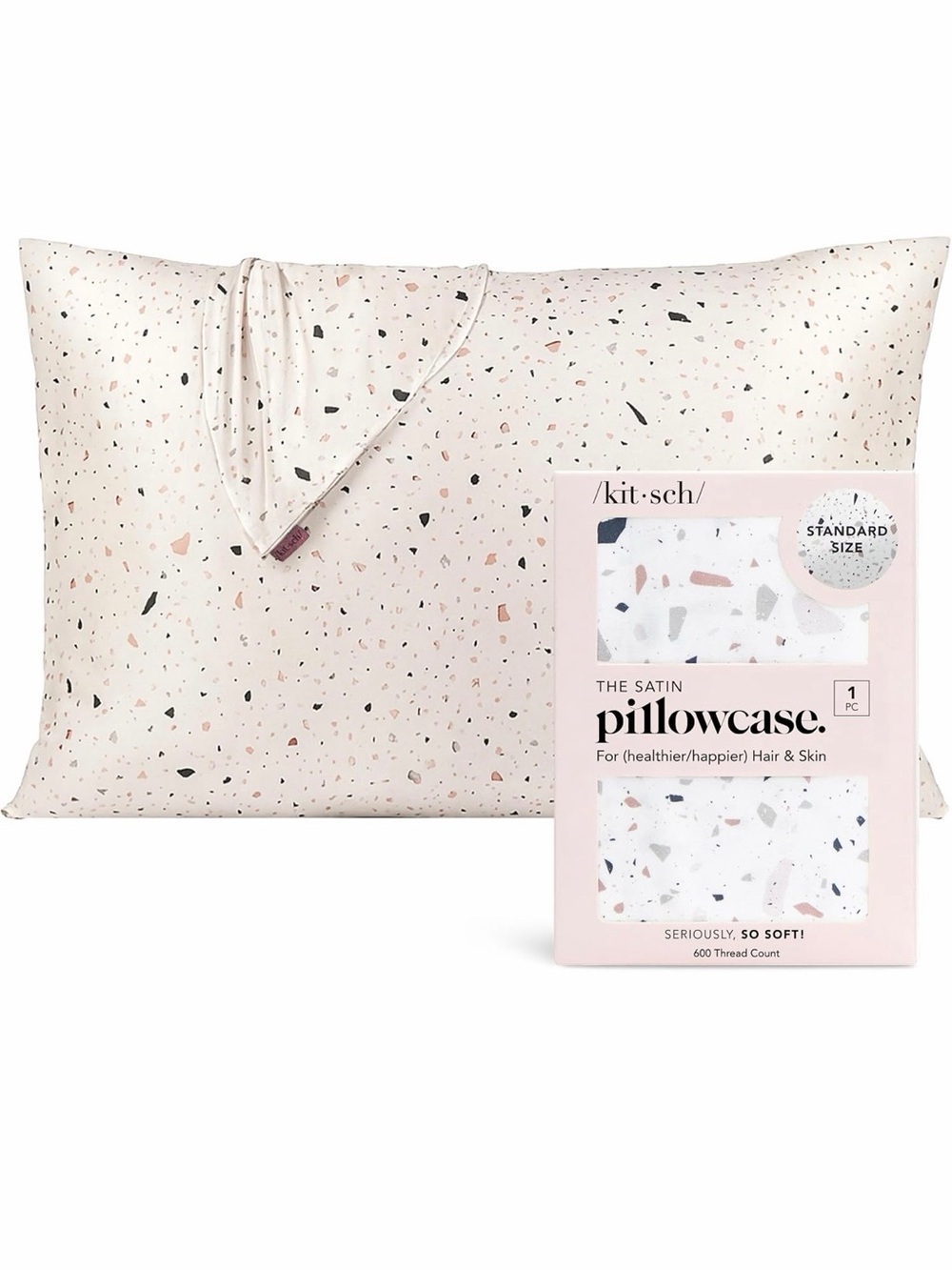 NWT Kitsch Satin Pillowcase in White Terrazzo Pattern, standard size